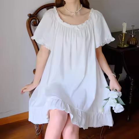 Casual Bowknot Women's Pajama Dress Short Sleeve Home Wear Ruffle Nightdress Sleepwear Loose Princes