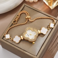 Trendy Four Leaf Clover Imitation Diamond Easy Pull Bracelet Watch for Schoolgirls Daily Wear Class 