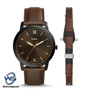Fossil FS5557SET The Minimalist Brown Leather Men's Watch and Bracelet Box Set