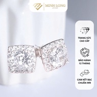Bông tai vuông đính đá chất liệu bạc 999 khuyên tai nữ bac ta cao cấp - Minh Long Jewelry MLB253
