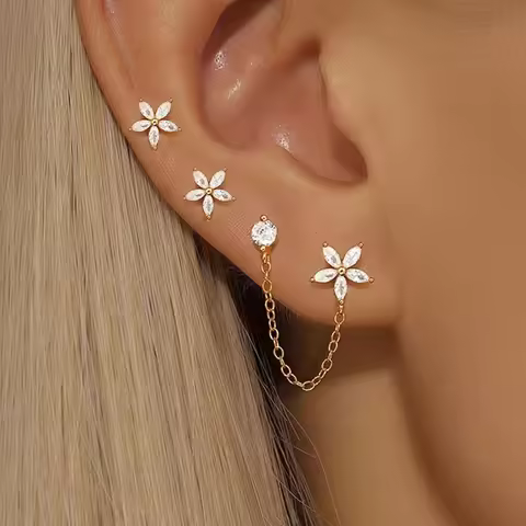 1Piece 0.8mm Stainless Steel Flower Double Hole Link Chains Cartilage Srecw Back Stud Earring Ear He