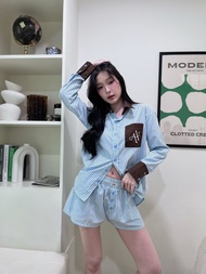Ahalf - Two tone oversized shirt set เสื้อเชิ้ตคู่ขาสั้น stripe 2 tone ปัก logo