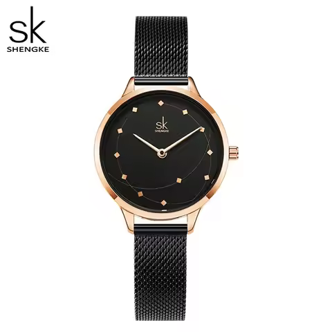 Shengke Fashion Women's Watch Black Quartz Watches for Women Milan Meshband Ladies Watch Montre Femm