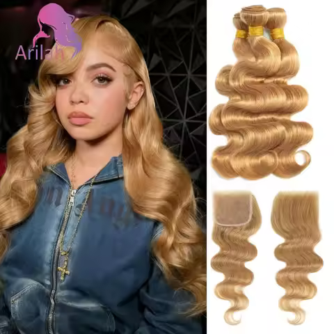 12A #27 Honey Blonde Body Wave Human Hair Bundles With 4x4 Lace Closure Double Weft Brazilian Virgin