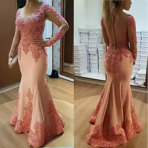Muslim Long Sleeves Lace Beaded Mermaid Evening Dresses See Through Islamic Dubai Saudi Arabic Long 