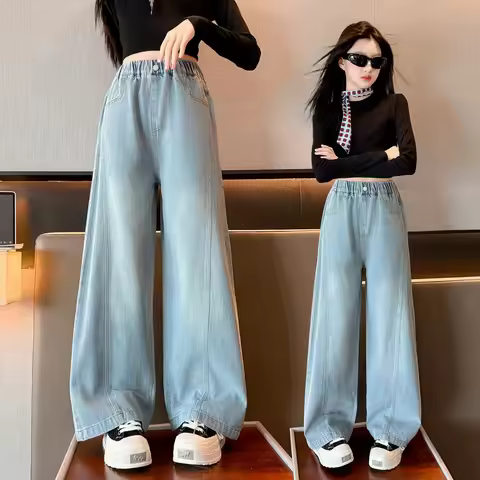 Kids Retro Patchwork Jeans for Girls Casual Blue Washed Denim y2k Pants Children Spring Autumn Stree