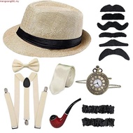 【Ready Stock🇲🇾】1970s Mafia Costume Accessories Set for Adults Retro Gangster Hat,Tie, Mustache Kit,P