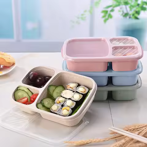 Reusable Bento Box Meal Storage Food Prep Lunch Box 3 Compartment Divided Food Containers Home Lunch