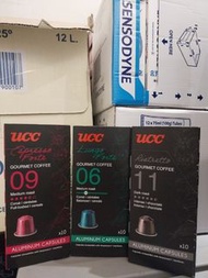 $100／4盒，$300／13盒，UCC 咖啡工匠系列鋁製膠囊咖啡，共有三種不同風味。濃縮馥緹 (Espresso Forte) 9度：紫色包裝，屬於中度烘焙，帶有穀物風味。長杯馥緹 (Lungo F