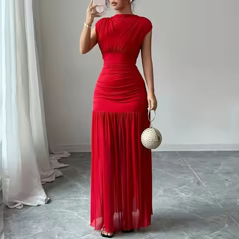Dresses for Women Fashion Sleeveless Ship Leader Slim Women Dress Elegant Red Folds Dress Women Vest