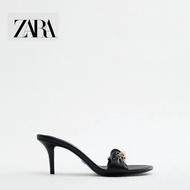 Zara Women's Shoes Black Chain Trim French High Heel Flat Strap Sandals