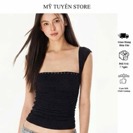 Beautiful Stone Pressed Square Collar T-shirt, Freesize Under 52kg - MTS