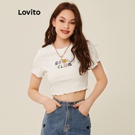 (KOL's pick) Lovito Casual Graphic Print Rib Knit Lettuce Edge Crop Top T-Shirts For Women L20D351