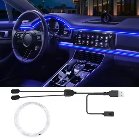 7 Colors RGB Car LED Interior Ambient Lighting USB EL Fiber Optics Inside Neon Dash Strip Decorative