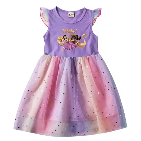 Tangled Rapunzel Summer Kids Dresses for Girls Cartoon Short Sleeve Princess Dress Toddler Children'
