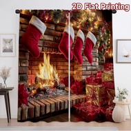 2D flat printing 2pcs curtain Christmas Fireplace Scene(2) Digital printing Festive Curtains for Dra