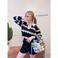 555okstore ครอปท็อปคอปก ️กระดุมหัวใจ เนื้อผ้าไหมพรม ลมหนาว B-013-3-B