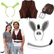 6 Pcs Adult Halloween Costume Set for Donkey Monster Cosplay Green Hair Hoop Adjustable Vest Belt Gr