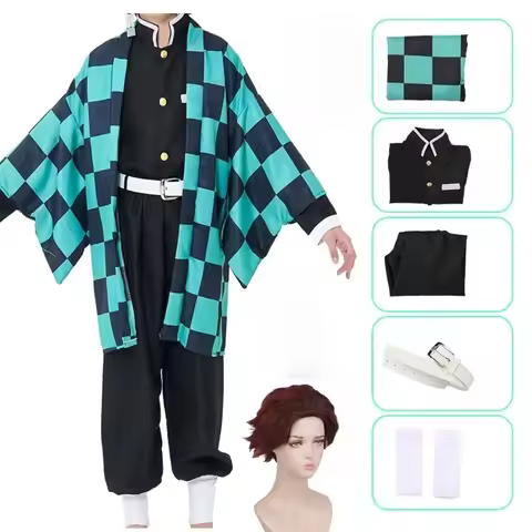 Halloween anime Kamado Tanjiro cosplay costume adult and child wig uniform set