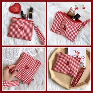 Embroidered Cherry Canvas Makeup Bag - Large Capacity Red Plaid Cosmetic Pouch For Women, H9e5