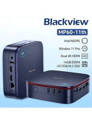 Blackview Mp60(n5095+16gb+512gb) 迷你pc Windows 11 Pro 16gb Ddr4記憶體 512gb M.2固態硬碟,內置intel N5095處理器的迷你遊戲電腦,適用於vesa /家庭/商務迷你桌上型電腦,4k高清雙hdmi千兆以太網