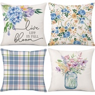 [Single Side] Blue Flower Pattern Pillow Case 45cm x 45cm Linen Cushion Cover Home Decor