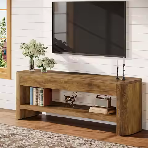 Farmhouse TV Stand for 55 Inch TV, 53” Entertainment Center with 2-Tier Open Shelf, Rustic Brown Woo