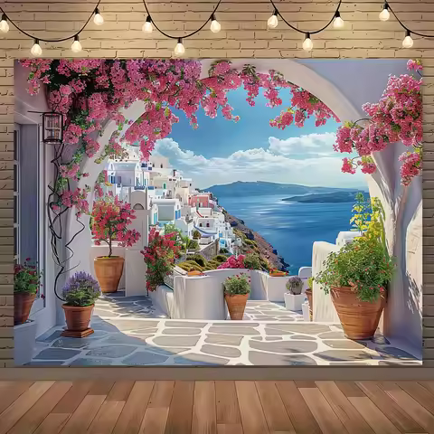 Romantic style party banner with floral views of Santorini Greek Island