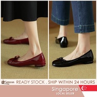 [SG SELLER] Women Low Heel Shoes Retro Bow Square Toe Flats Patent Leather Wedding Shoes Spring Autu