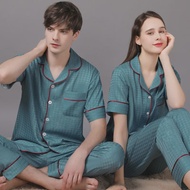2026 High Quality Couple Pajamas Suit Summer Short Sleeve Long Pant Home Cloth Men Ice Silk Thin Sat