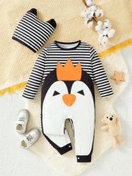 嬰兒男童可愛的企鵝和皇冠拼布帽裝,秋冬款休閒日常穿著