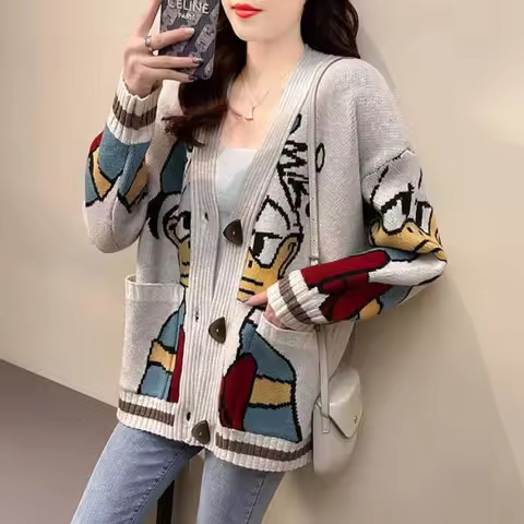 Disney Anime Donald Duck Jacquard Sweater Women's Cartoon Spring and AutumnLoose Knitted Cardigan Ca