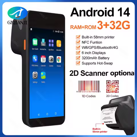 6inch Big Display 4G Android 14 POS Terminal with NFC Handheld 58mm Thermal Printer, 1D 2D Barcode S