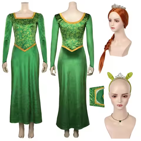 Female Princess Fiona Cosplay Green Dress Wigs Crown Costume Women Girls Outfits Disguise Halloween 