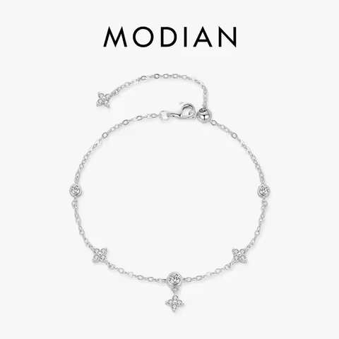 MODIAN Sparkling CZ Bracelet 925 Sterling Silver Delicate Four Leaf Clover Charm Bracelet For Women 