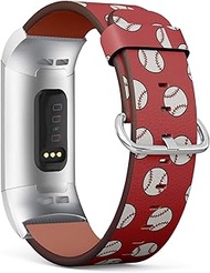 Compatible with Fitbit Charge 3 / Charge 3 SE/Charge 3 / Charge 3 SE SE, Leather Wristband Bracelet with Stainless Steel Clasp and Adapters - Doodle Baseball