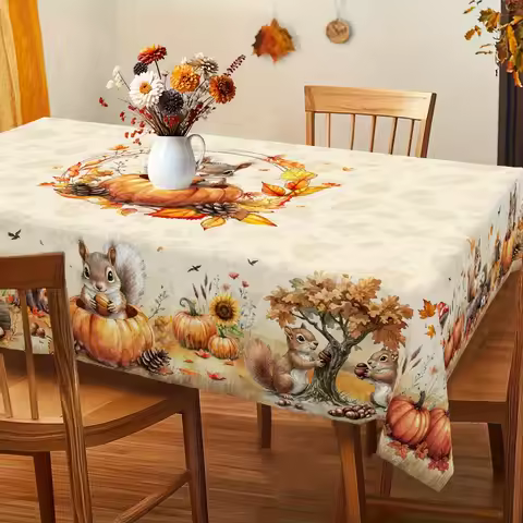Tablecloth 1 piece, 2D flat. Autumn Thanksgiving theme tablecloth. Country farmhouse style. Squirrel