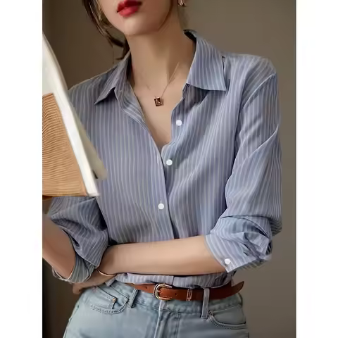 Plus Size 1XL-5XL New Women's Striped Shirt Long Sleeve Blue Shirt Autumn Gentle Chiffon Shirt Top