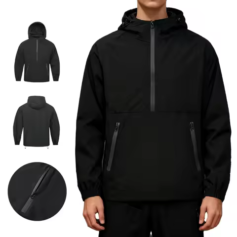 (EU S-2XL)Half Zip Pullover Windbreaker Mens Loose Fit Hooded Anorak Jacket for Outdoor Casual Wear 