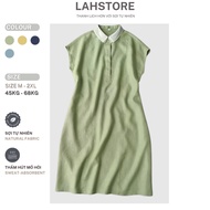 LAHSTORE straight linen dress with chiffon shirt collar, mussel sleeves, embossed cups DS32 (Green C