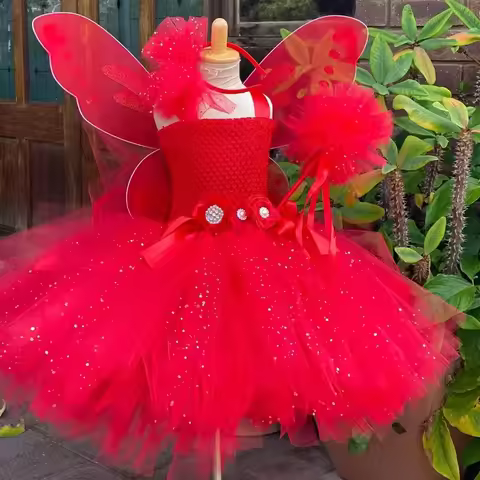 Girls Red Glitter Fairy Dress Kids Flower Tutu Dresses with Wing and Stick Hairbow Children Party Co