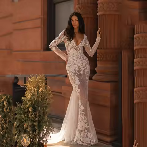 2026 Lace Mermaid Wedding Dresses for Bride V Neck See Through Sweep Train Garden Bridal Gowns сваде