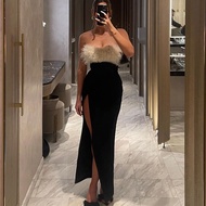 shemi Cocktail Dress High Slit Dress Elegant Off Shoulder Maxi Dress with Faux Fur Detail for Cockta