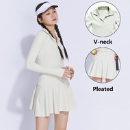 Women Full Sleeve Tennis Yoga Dress Winter Ladies Fleece Warm Workout Dress Women V-neck Running Fitness Short Skirt Training Mini Skort