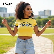 (trendy5)Lovito Preppy Letter Pattern Colorblock T-Shirt for Women L106AD677
