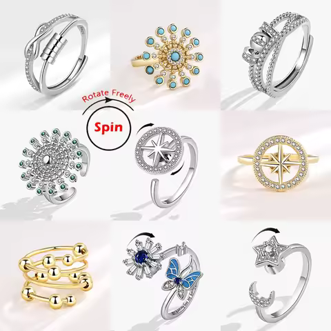 2024 Fashion Beads Anxiety Ring Fidget Spinner Rings Korea Crystal Butterfly Flower Star Moon Ring A