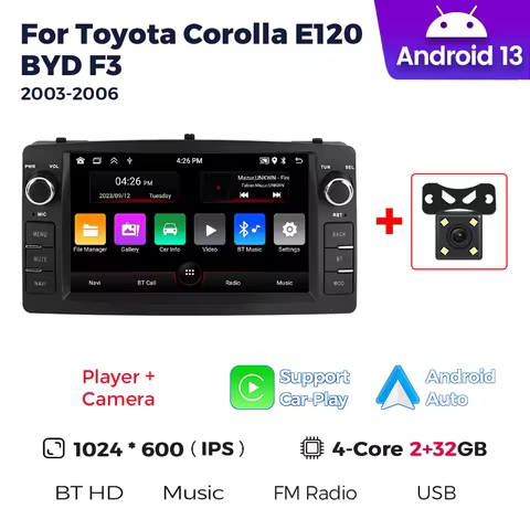 7" 2 DIN Car Radio CarPlay Android 13 Auto Stereo For Toyota Corolla E120 e 120 BYD F3 2000-2006 And