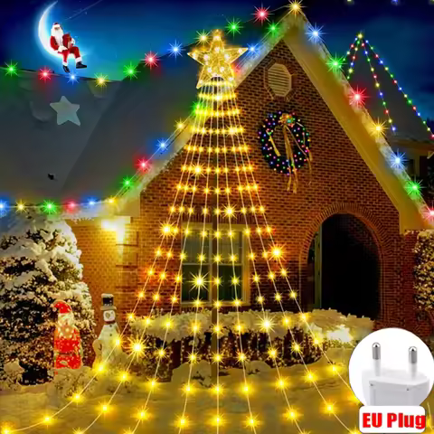 3.5M Outdoor Christmas Star String Light 288LED Light Waterfall Tree Light with Topper Star Fairy Li