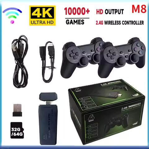 M8 4K Retro Game Console - 64GB HDMI TV Stick with 10,000+ Preloaded Games & Dual Wireless Controlle