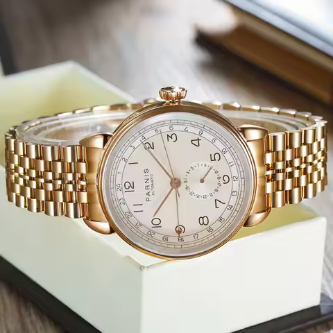 Parnis 42mm Polish Rose Gold Case GMT Automatic Mechanical Men Watch Calendar Sun Dial